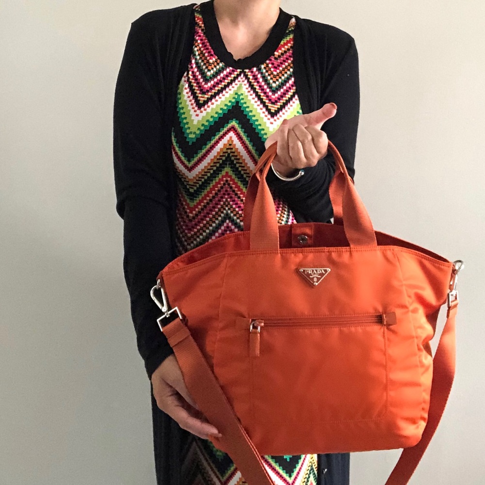 Prada Orange nylon & saffiano leather tote
